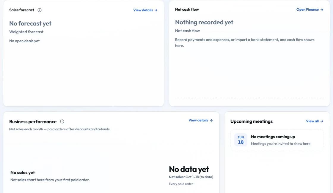 The real ELMNT ONE Overview screen. See your business activity, upcoming meetings and sales in one place.